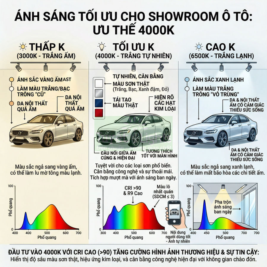 So sánh ánh sáng 3000K 4000K 6500K chiếu ô tô trong showroom và biểu đồ quang phổ chi tiết
