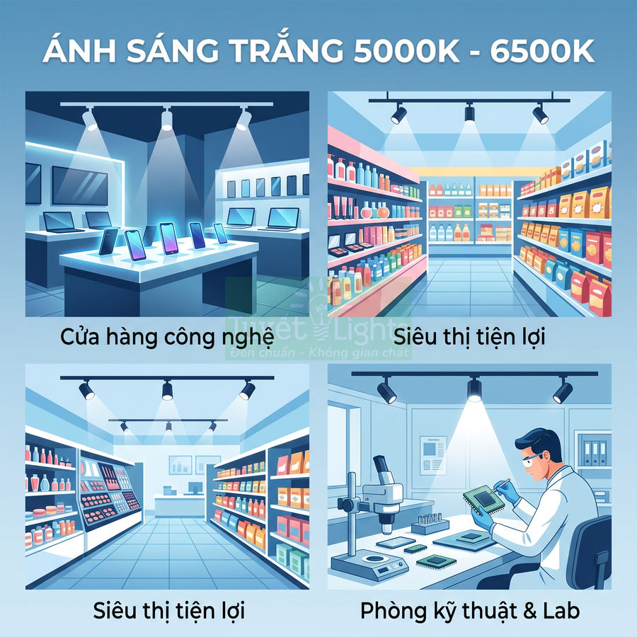 Đèn LED ánh sáng trắng 5000K 6500K chiếu sáng cửa hàng công nghệ siêu thị tiện lợi và phòng kỹ thuật lab