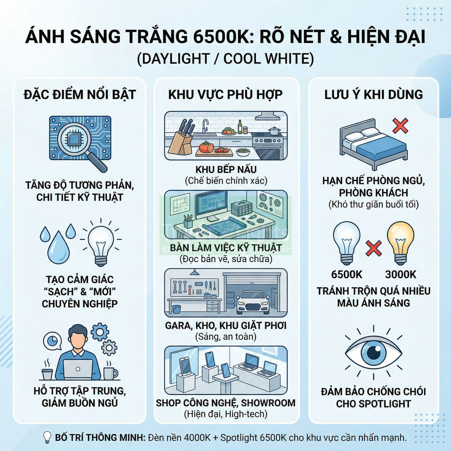 Infographic hướng dẫn dùng đèn LED ánh sáng trắng 6500K cho bếp, bàn làm việc kỹ thuật, gara và showroom