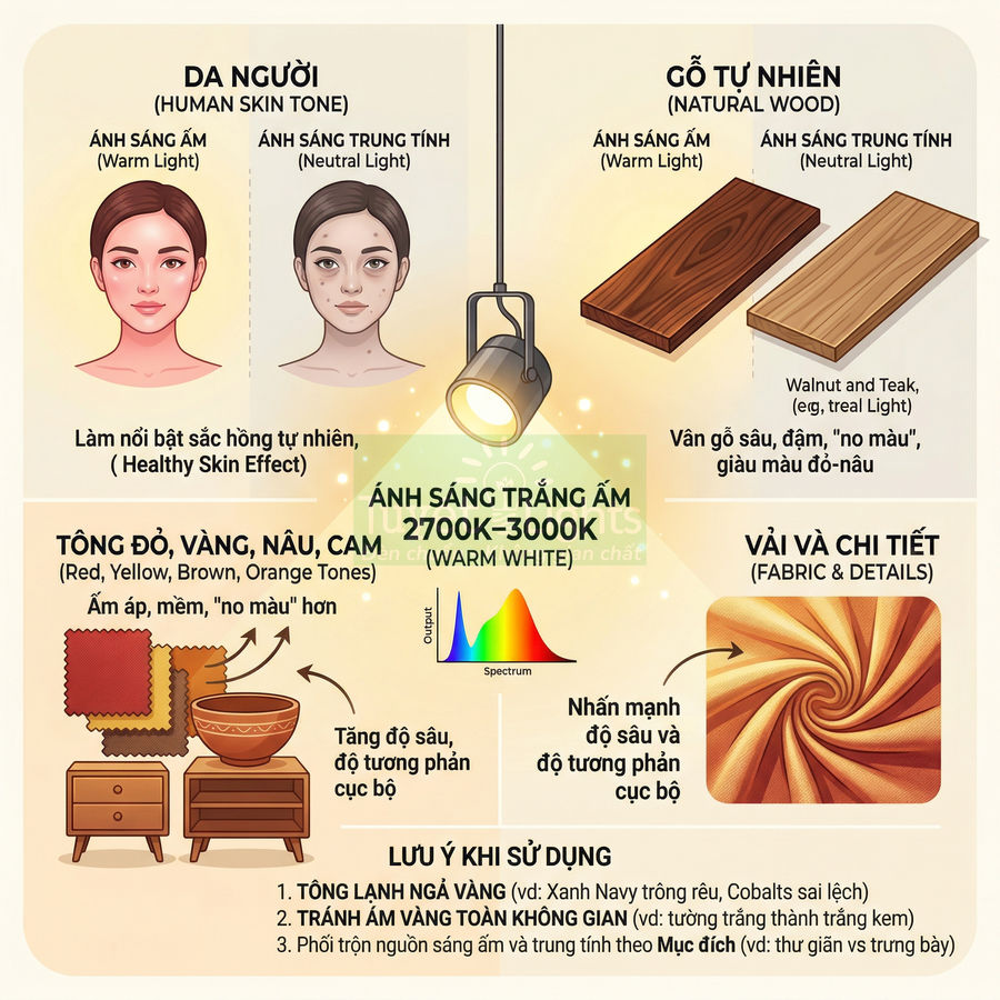 Minh họa tác dụng của ánh sáng trắng ấm 2700K 3000K lên da người, gỗ tự nhiên và vải nội thất