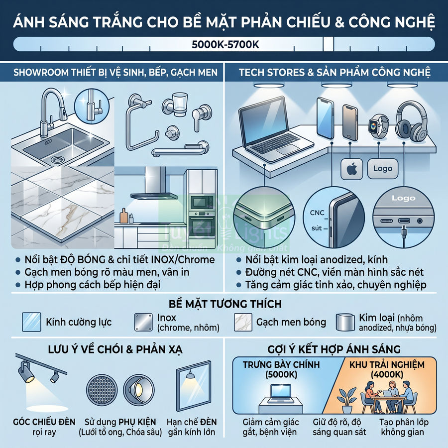 Minh họa hướng dẫn chọn ánh sáng trắng 5000K 5700K cho bề mặt inox, gạch men bóng và sản phẩm công nghệ