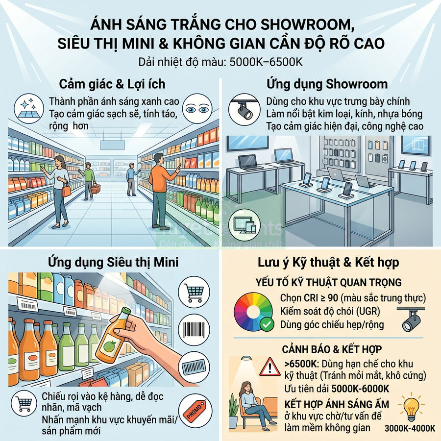 Infographic hướng dẫn sử dụng ánh sáng trắng 5000K 6500K cho showroom và siêu thị mini để làm nổi bật sản phẩm trưng bày