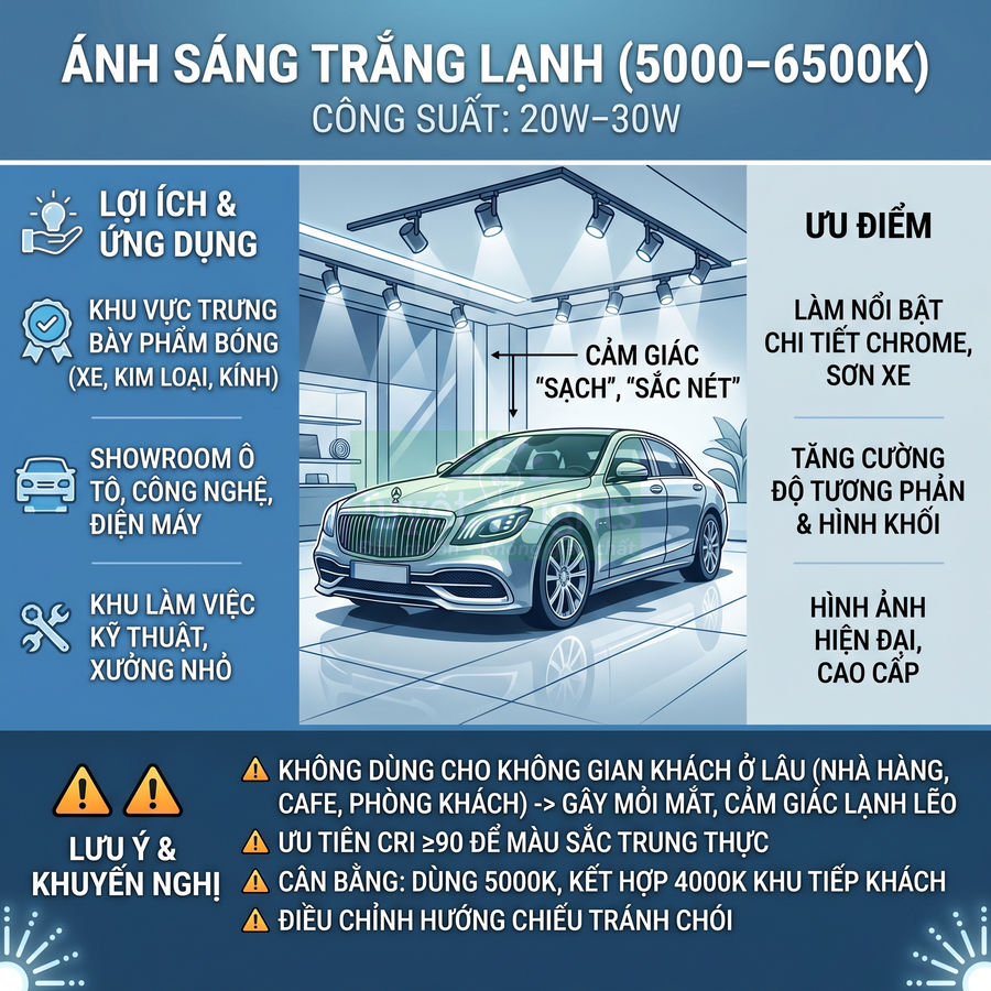 Showroom ô tô dùng đèn LED ánh sáng trắng lạnh 5000 6500K làm nổi bật chi tiết chrome và sơn xe cao cấp