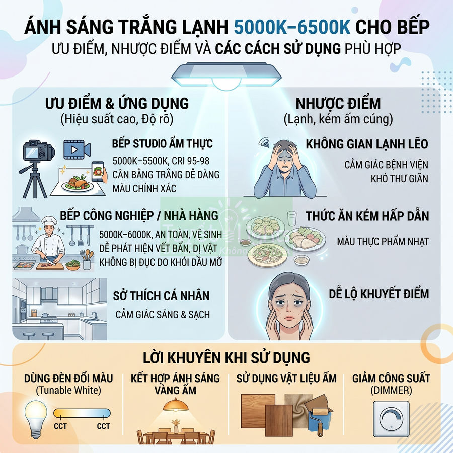 Infographic hướng dẫn chọn đèn LED ánh sáng trắng lạnh 5000K 6500K cho bếp, ưu nhược điểm và cách sử dụng phù hợp