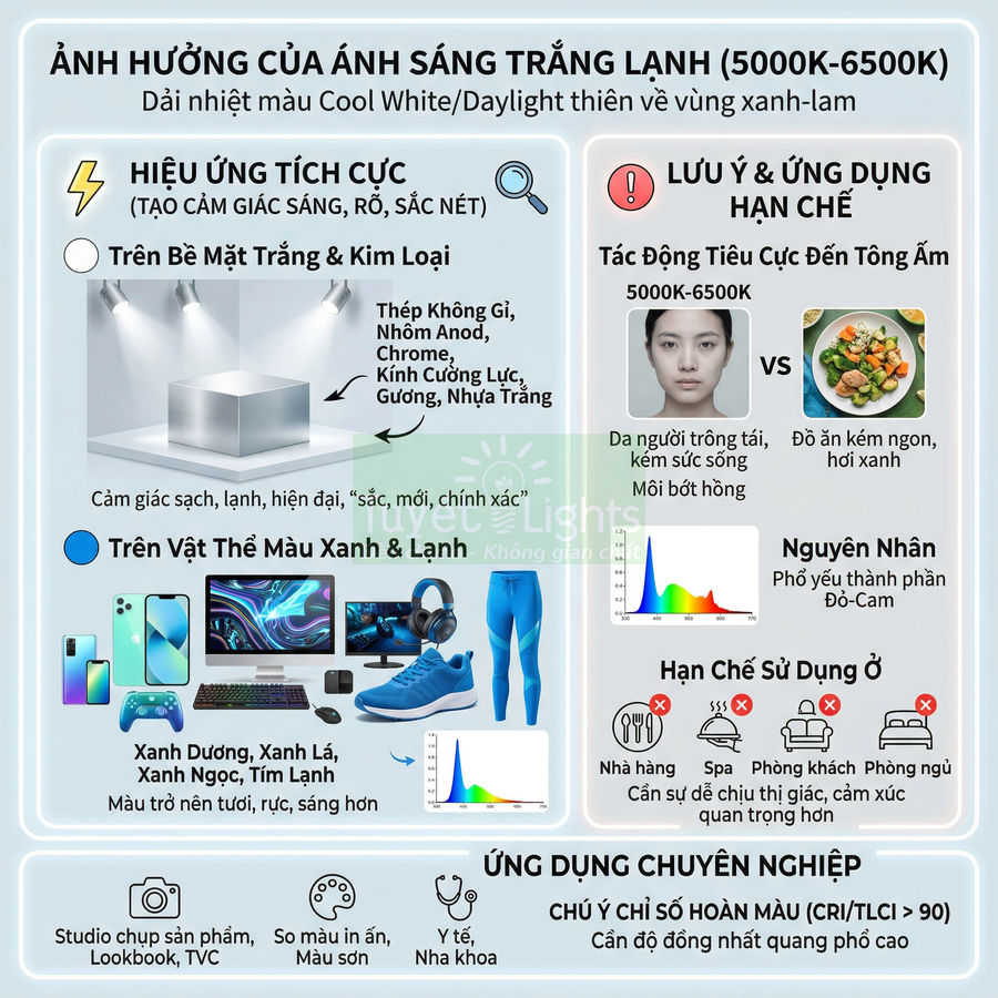 Infographic ảnh hưởng ánh sáng trắng lạnh 5000K 6500K lên da người, đồ ăn, sản phẩm kim loại và đồ công nghệ màu xanh