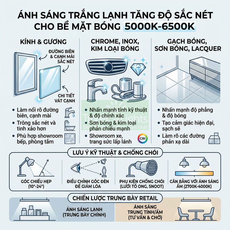 Infographic hướng dẫn dùng ánh sáng trắng lạnh 5000K 6500K cho kính gương kim loại bóng và gạch bóng trong showroom