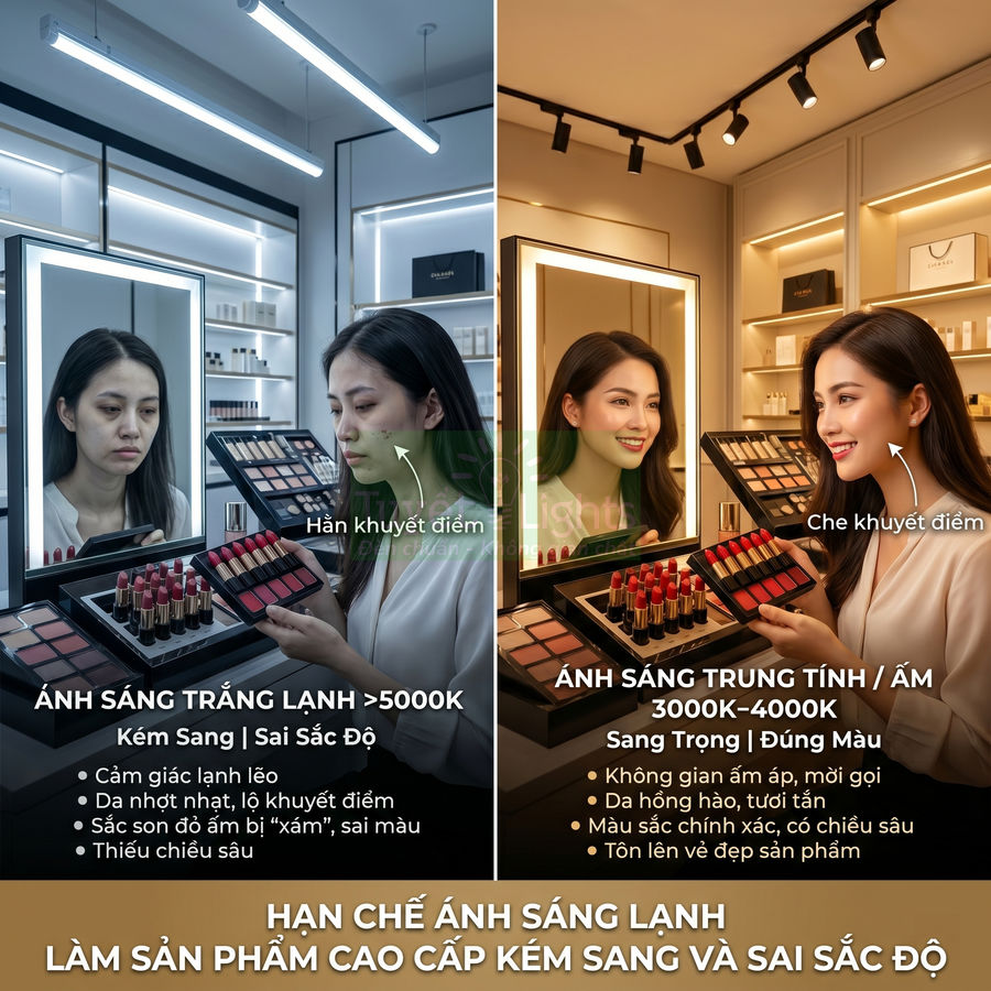 Bộ đèn trang điểm ánh sáng trung tính cho quầy mỹ phẩm giúp tôn da và làm nổi bật son, phấn trang điểm