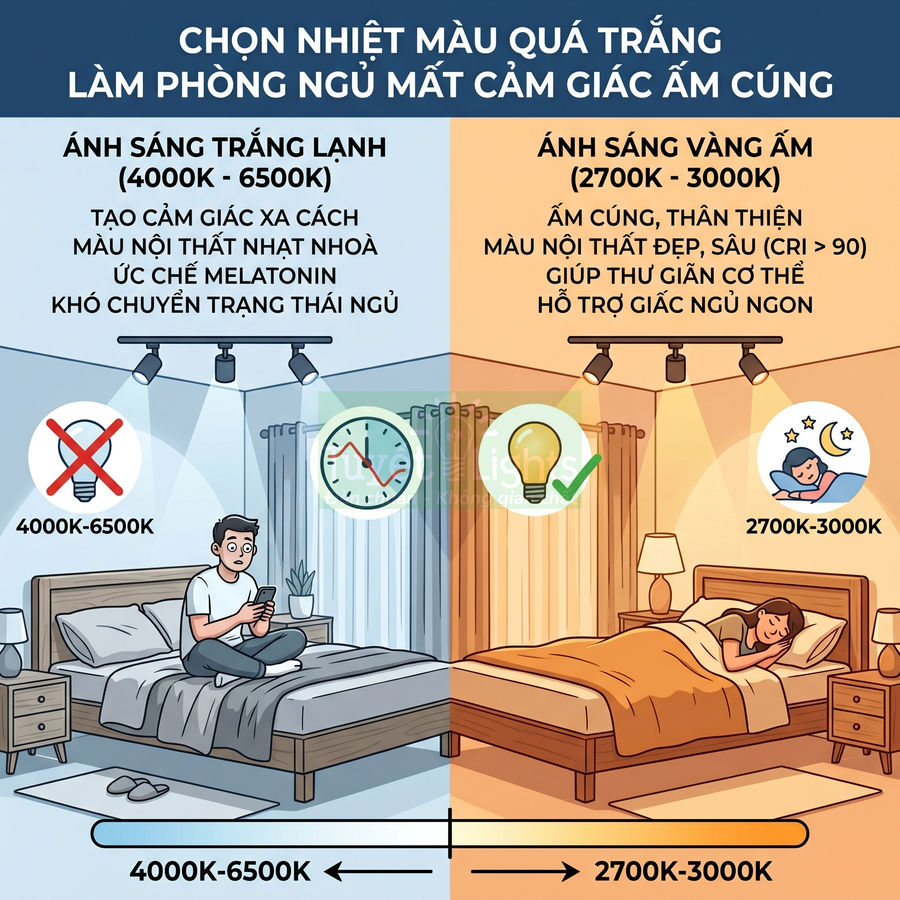 So sánh ánh sáng trắng lạnh và ánh sáng vàng ấm cho phòng ngủ, khuyến nghị dùng đèn 2700K–3000K ngủ ngon hơn