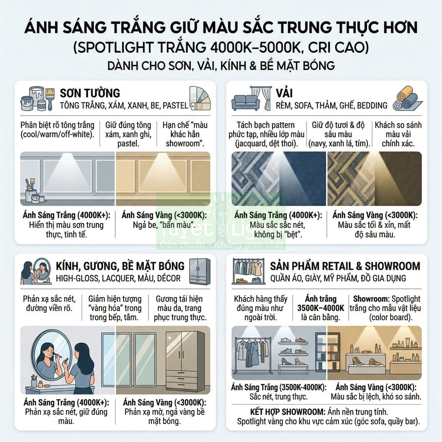 Infographic so sánh ánh sáng trắng và vàng 4000K 5000K cho sơn tường, vải, kính, gương và sản phẩm showroom