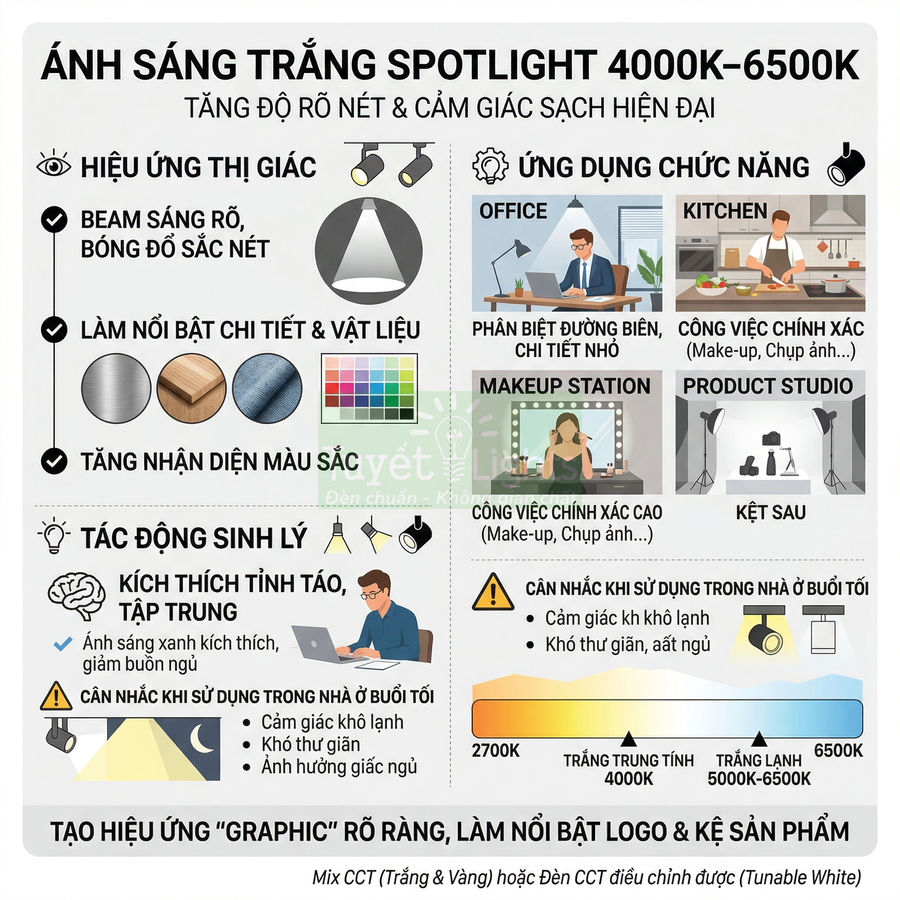 Infographic về ưu điểm và ứng dụng ánh sáng trắng đèn spotlight 4000K 6500K cho văn phòng, studio, makeup, chụp sản phẩm