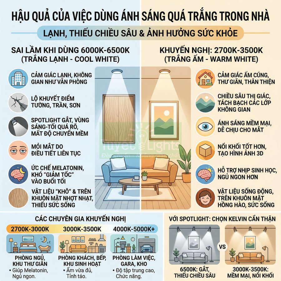 So sánh ánh sáng trắng lạnh 6000K với ánh sáng trắng ấm 2700K trong phòng khách và khuyến nghị nhiệt độ màu trong nhà