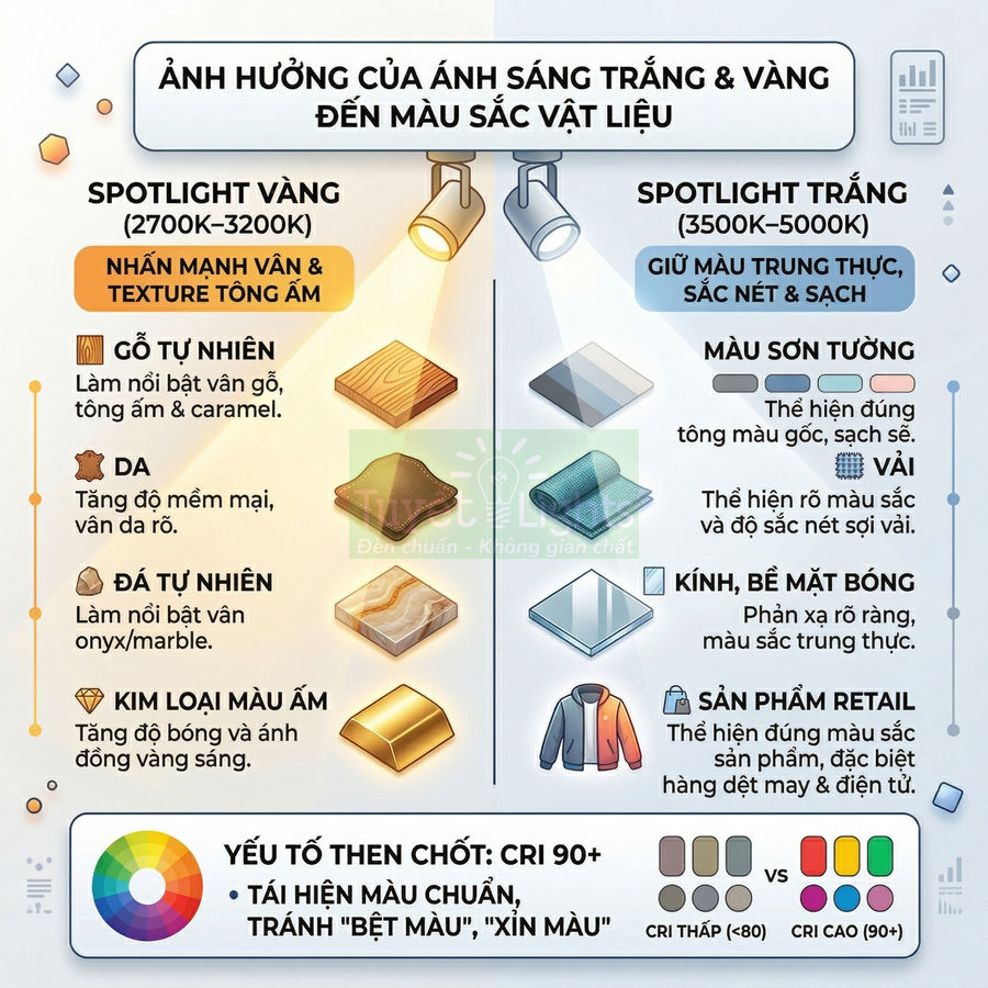 Minh họa so sánh spotlight vàng và spotlight trắng ảnh hưởng màu sắc gỗ, đá, kim loại, vải và sản phẩm nội thất