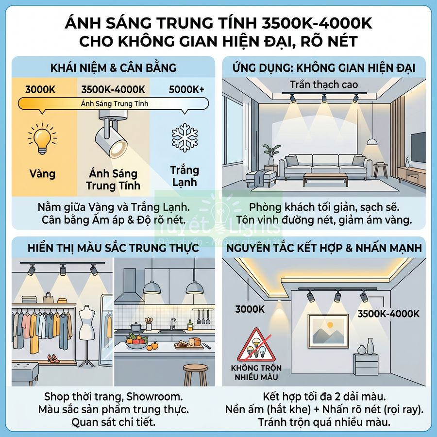 Infographic hướng dẫn chọn ánh sáng trung tính 3500K 4000K cho phòng khách, bếp, shop thời trang hiện đại