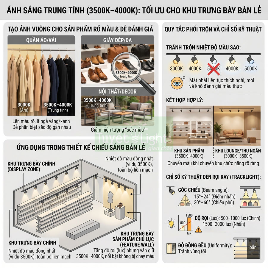 Infographic hướng dẫn chọn ánh sáng trung tính 3500K 4000K cho cửa hàng bán lẻ quần áo giày dép và nội thất