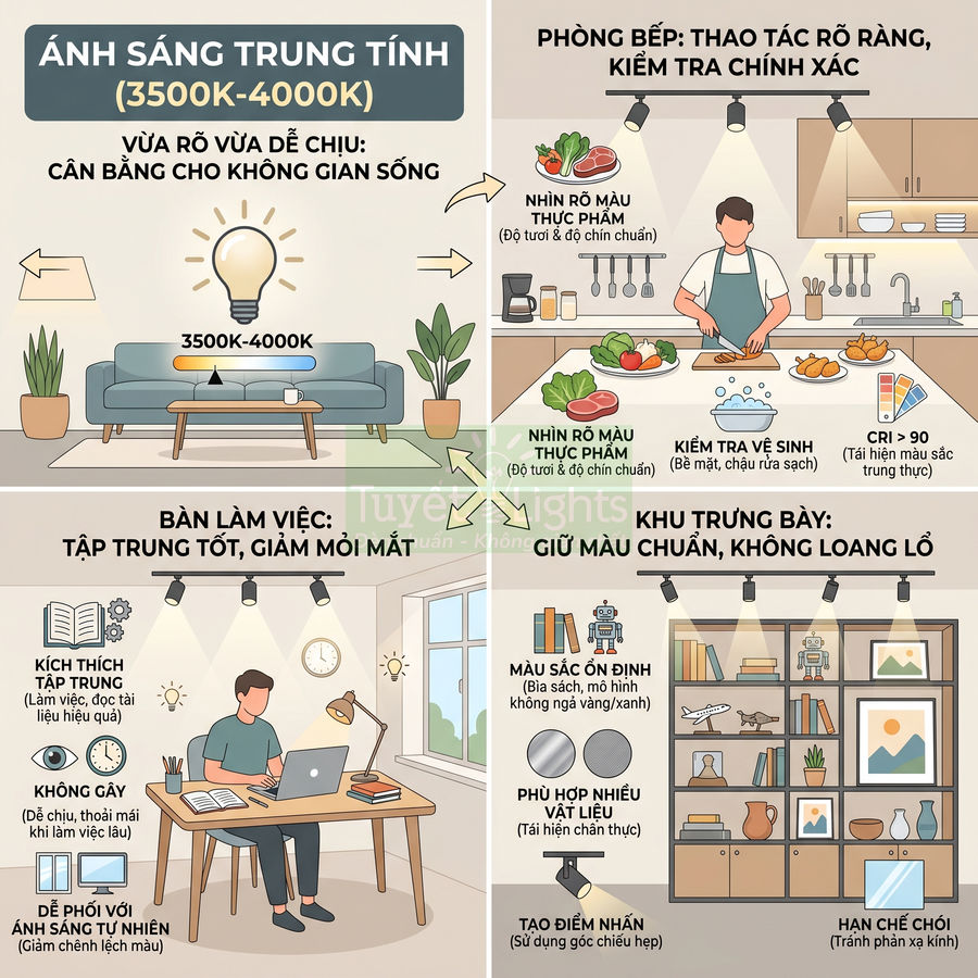 Minh họa ứng dụng đèn ánh sáng trung tính 3500K 4000K cho phòng khách, bếp, bàn làm việc và kệ trưng bày
