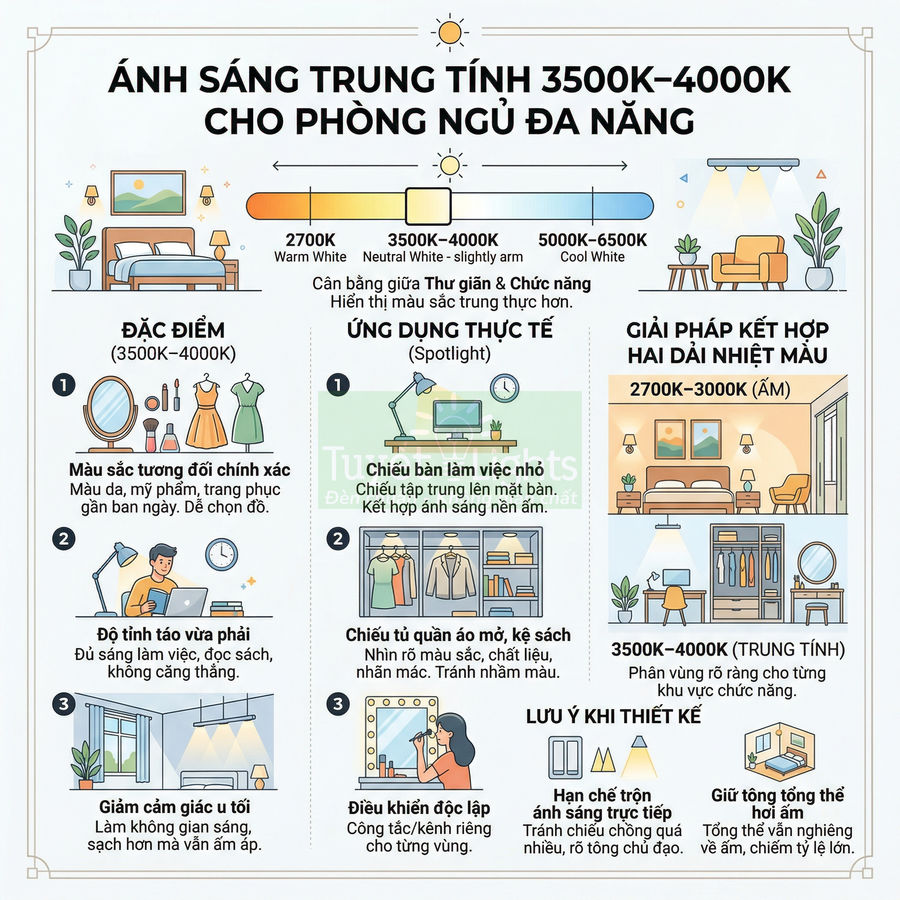 Infographic hướng dẫn chọn ánh sáng trung tính 3500K 4000K cho phòng ngủ đa năng và cách kết hợp nhiệt màu