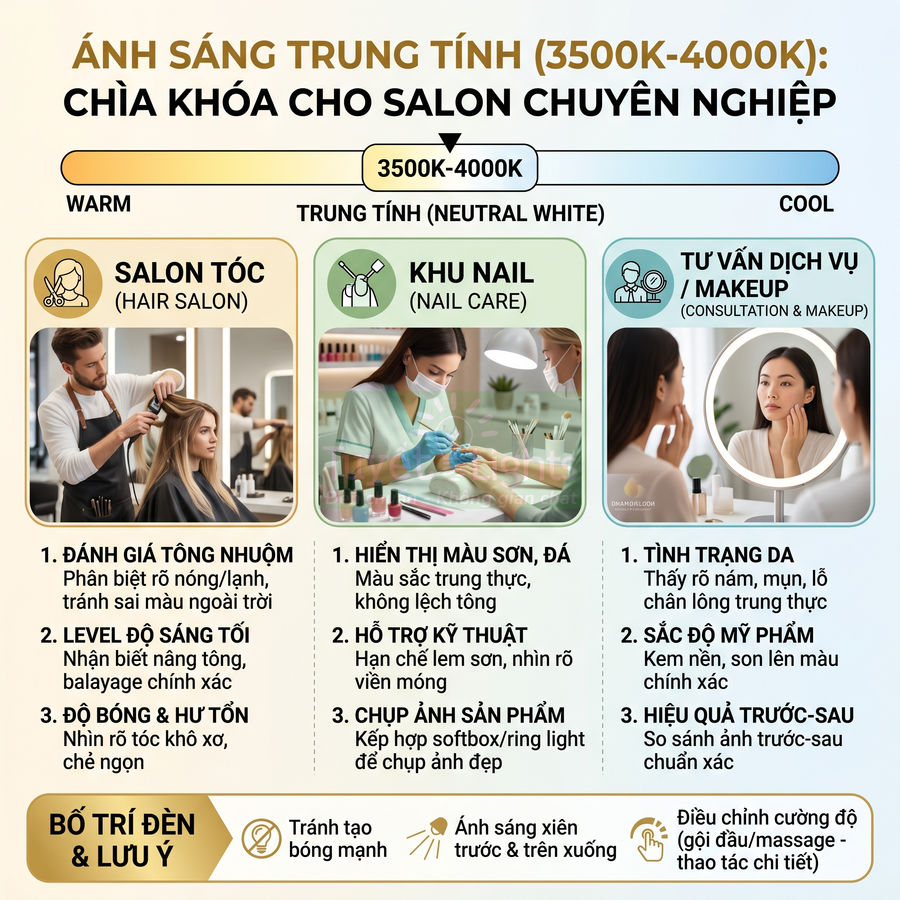 Hình minh họa hướng dẫn dùng ánh sáng trung tính 3500K 4000K cho salon tóc, khu nail và tư vấn makeup