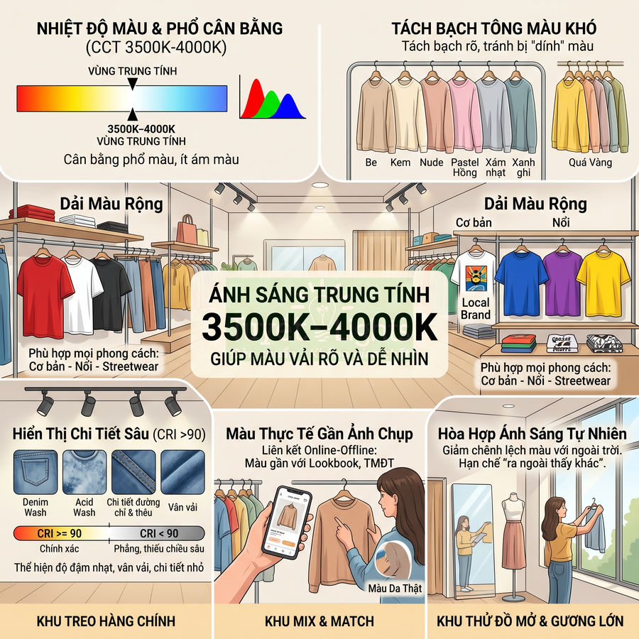 Infographic hướng dẫn dùng ánh sáng trung tính 3500K 4000K cho cửa hàng quần áo giúp hiển thị màu vải chính xác