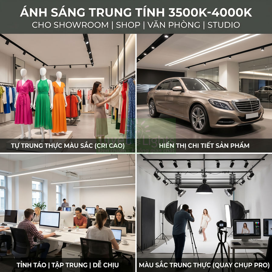 Đèn LED ánh sáng trung tính 3500K 4000K cho showroom shop văn phòng studio hiển thị màu sắc sản phẩm trung thực