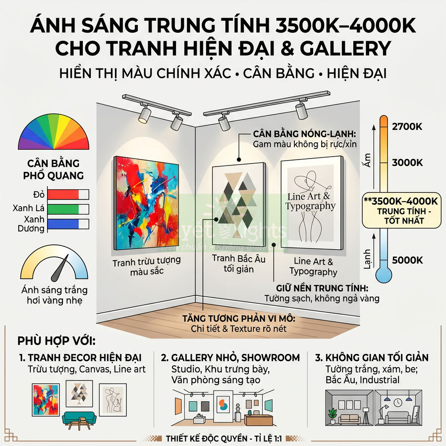 Đèn rọi tranh ánh sáng trung tính 3500K 4000K chiếu sáng gallery treo tranh trừu tượng và line art hiện đại