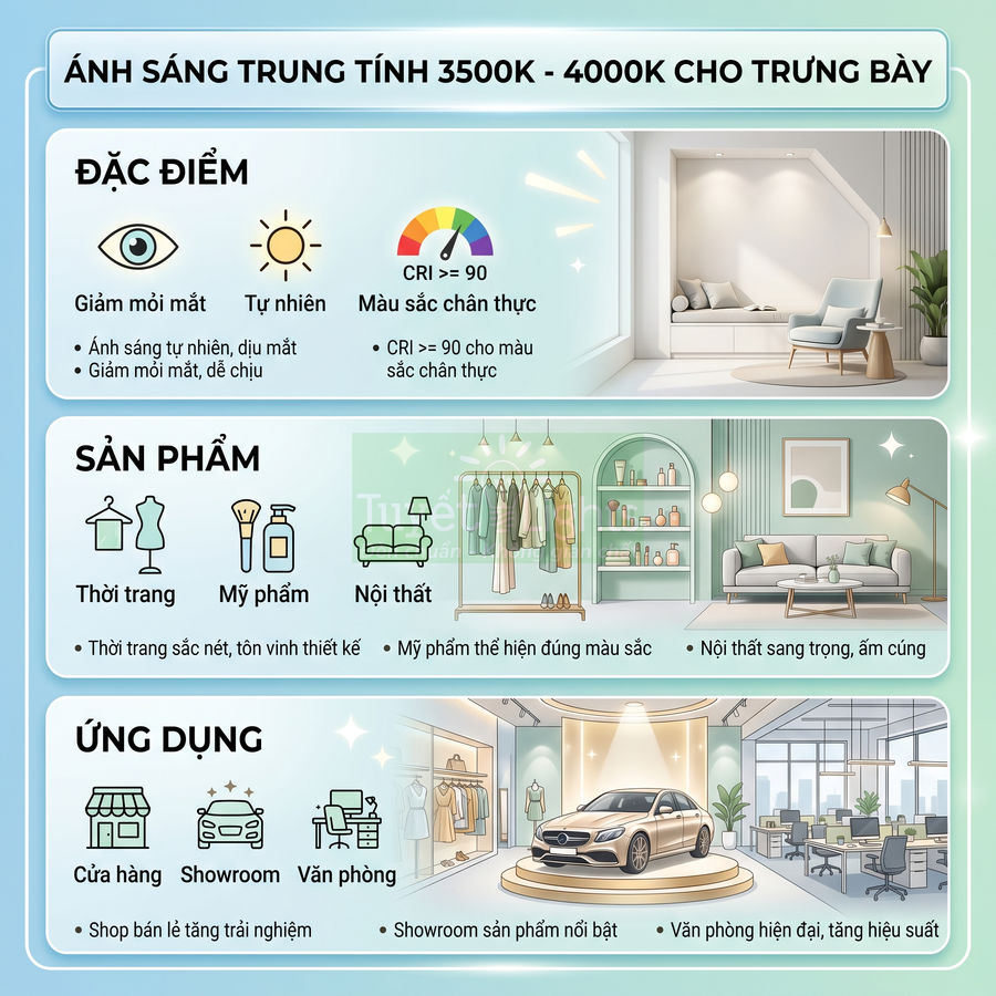 Infographic giới thiệu ánh sáng trung tính 3500K 4000K cho trưng bày thời trang mỹ phẩm nội thất cửa hàng showroom văn phòng
