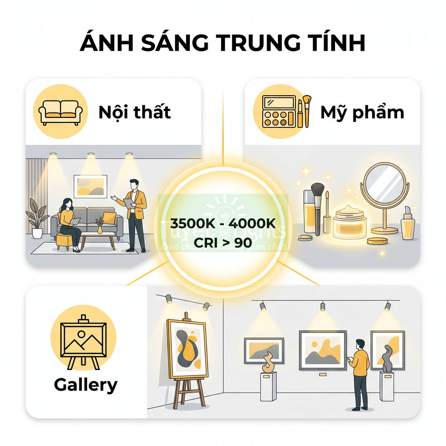 Ứng dụng đèn LED ánh sáng trung tính 3500K 4000K CRI trên 90 cho nội thất mỹ phẩm và gallery