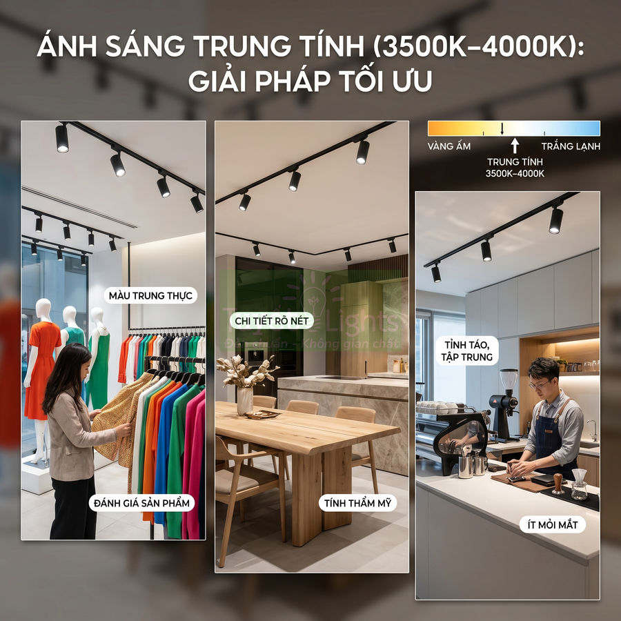 Đèn rọi ray ánh sáng trung tính 3500K 4000K chiếu sáng cửa hàng thời trang, phòng bếp và quầy pha chế hiện đại