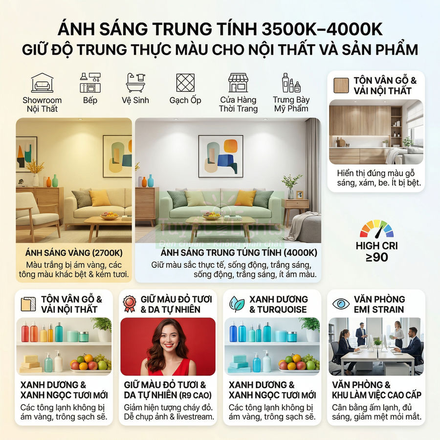 So sánh ánh sáng vàng và ánh sáng trung tính 3500K 4000K cho nội thất, tôn màu gỗ vải và sản phẩm trưng bày