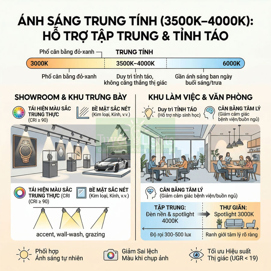 Infographic hướng dẫn sử dụng ánh sáng trung tính 3500K 4000K cho showroom văn phòng và không gian làm việc