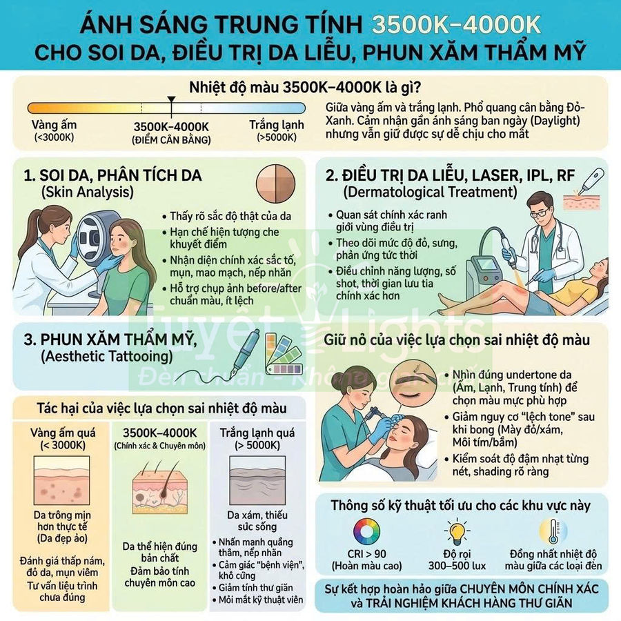 Infographic hướng dẫn chọn nhiệt độ màu 3500K 4000K cho soi da điều trị da liễu và phun xăm thẩm mỹ