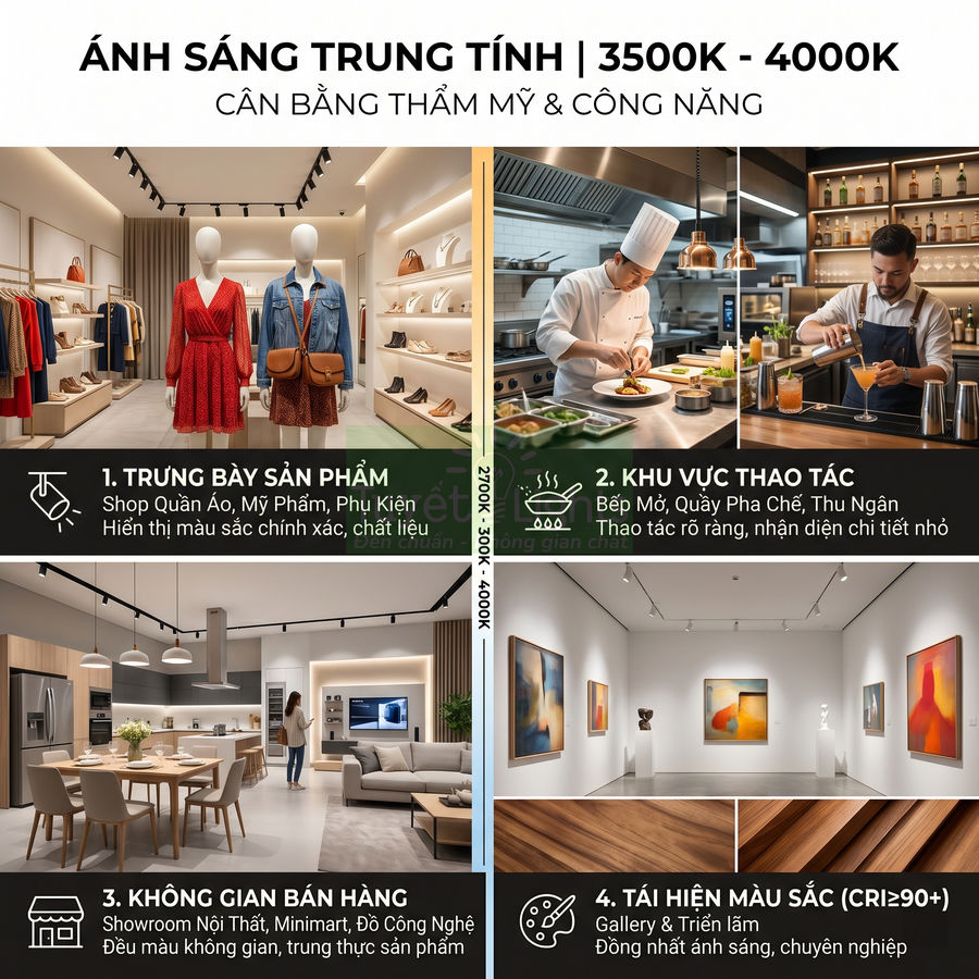 Ứng dụng ánh sáng trung tính 3500K 4000K cho shop thời trang, bếp mở, quầy bar, showroom nội thất và gallery trưng bày