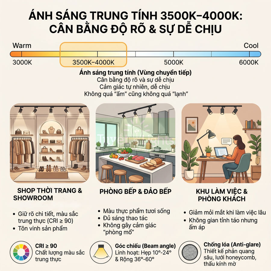 Infographic hướng dẫn chọn ánh sáng trung tính 3500K 4000K cho shop thời trang, bếp và khu làm việc trong nhà