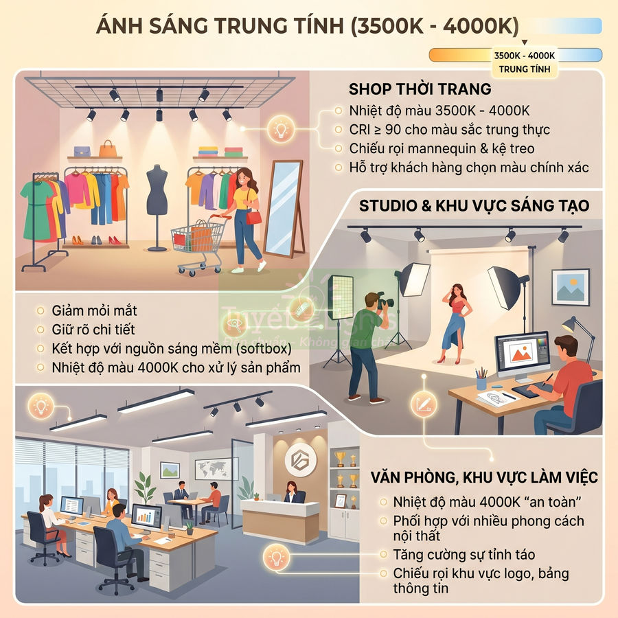 Minh họa ứng dụng ánh sáng trung tính 3500K 4000K cho shop thời trang, studio chụp ảnh và văn phòng làm việc