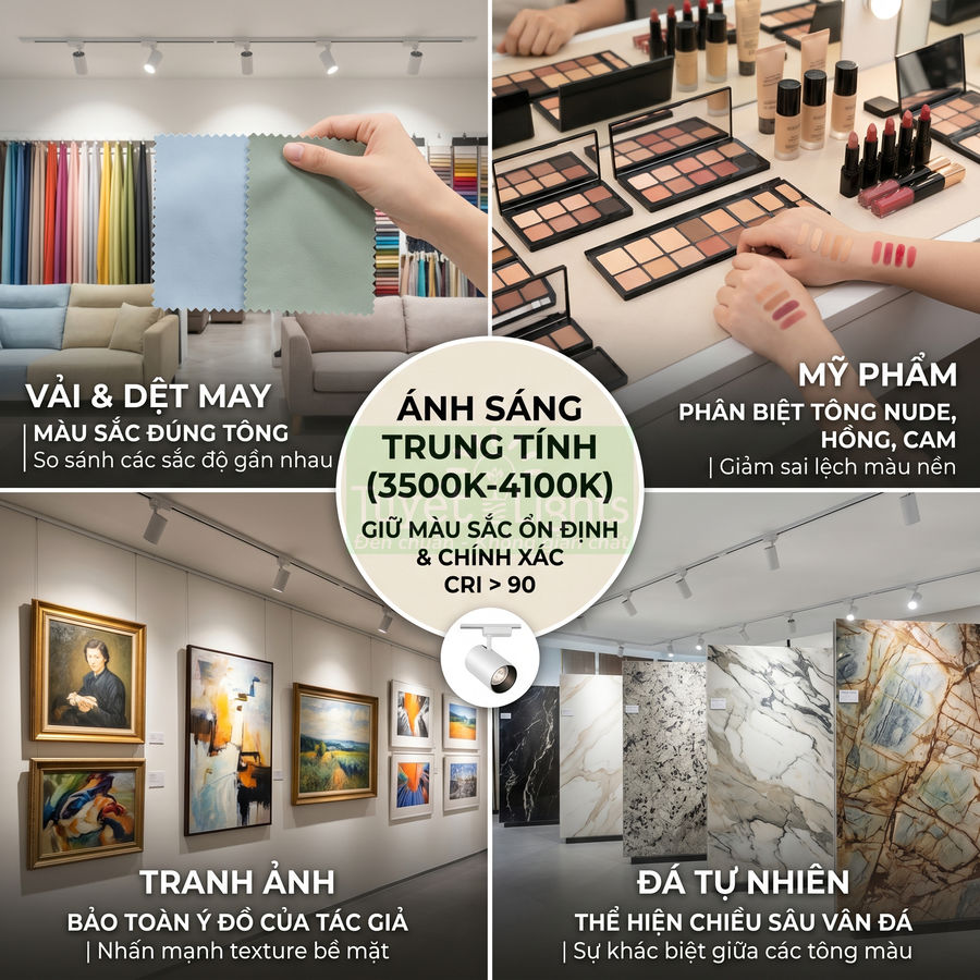 Đèn rọi ray ánh sáng trung tính chiếu sáng vải vóc, mỹ phẩm, tranh ảnh và đá tự nhiên giữ màu sắc trung thực