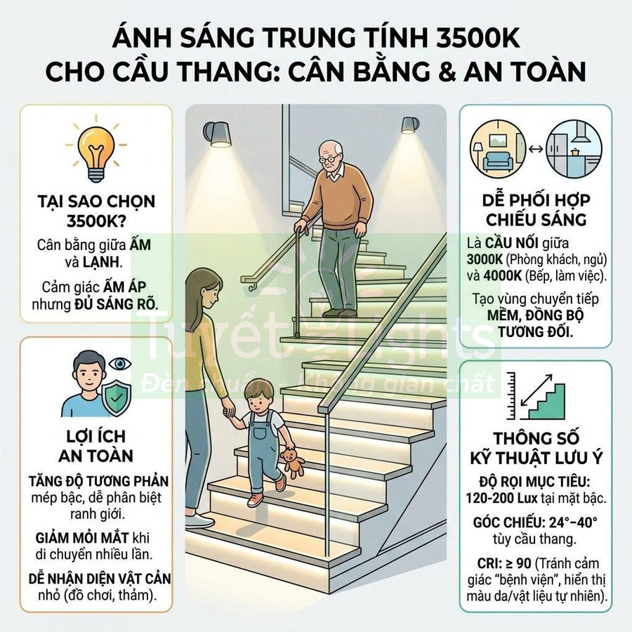 Đèn LED ánh sáng trung tính 3500K chiếu sáng cầu thang giúp di chuyển an toàn cho người già và trẻ nhỏ