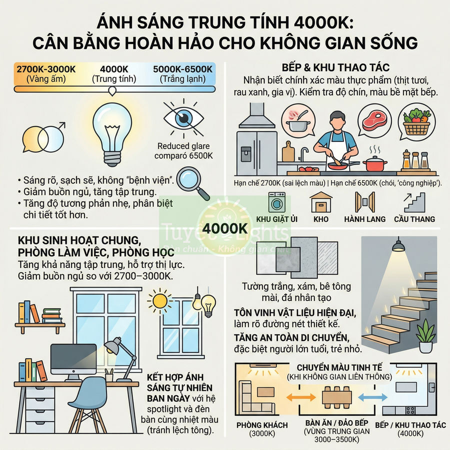 Infographic hướng dẫn chọn ánh sáng trung tính 4000K cho phòng khách, bếp, cầu thang và khu làm việc trong nhà