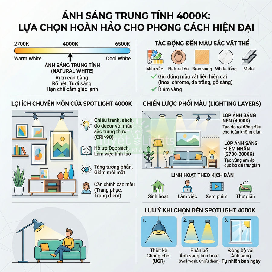 Infographic hướng dẫn chọn đèn spotlight 4000K, lợi ích ánh sáng trung tính và cách phối chiếu sáng cho phòng khách hiện đại