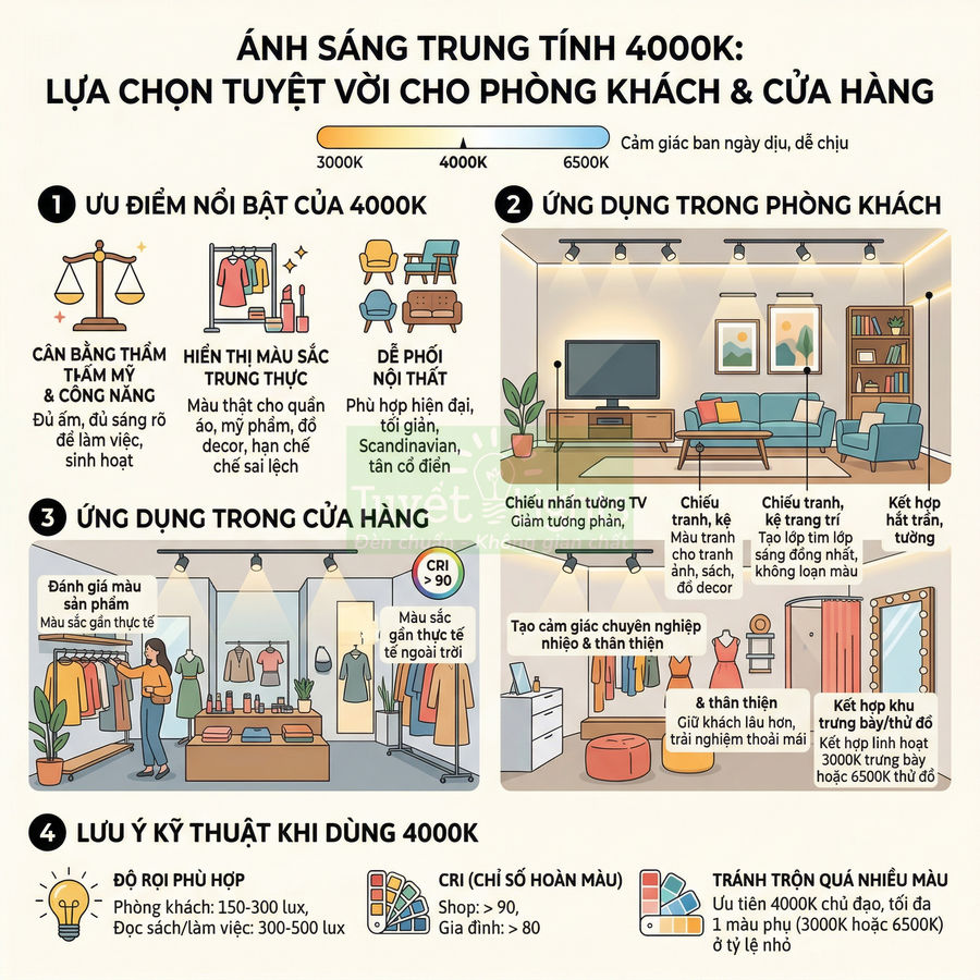 Infographic hướng dẫn sử dụng ánh sáng trung tính 4000K cho phòng khách và cửa hàng thời trang