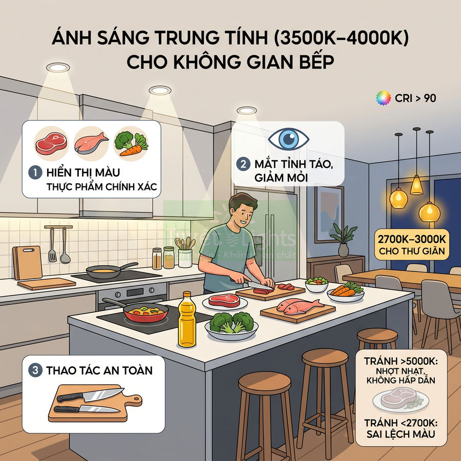Đèn LED ánh sáng trung tính 3500K 4000K chiếu sáng bếp, giúp nấu ăn an toàn, thực phẩm hiển thị màu sắc chính xác