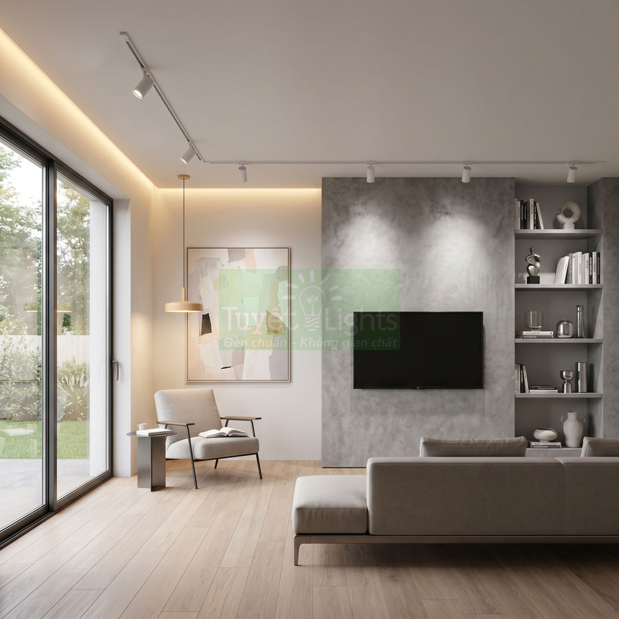 Đèn rọi ray trắng chiếu sáng phòng khách hiện đại với sofa xám và kệ trang trí tường bê tông