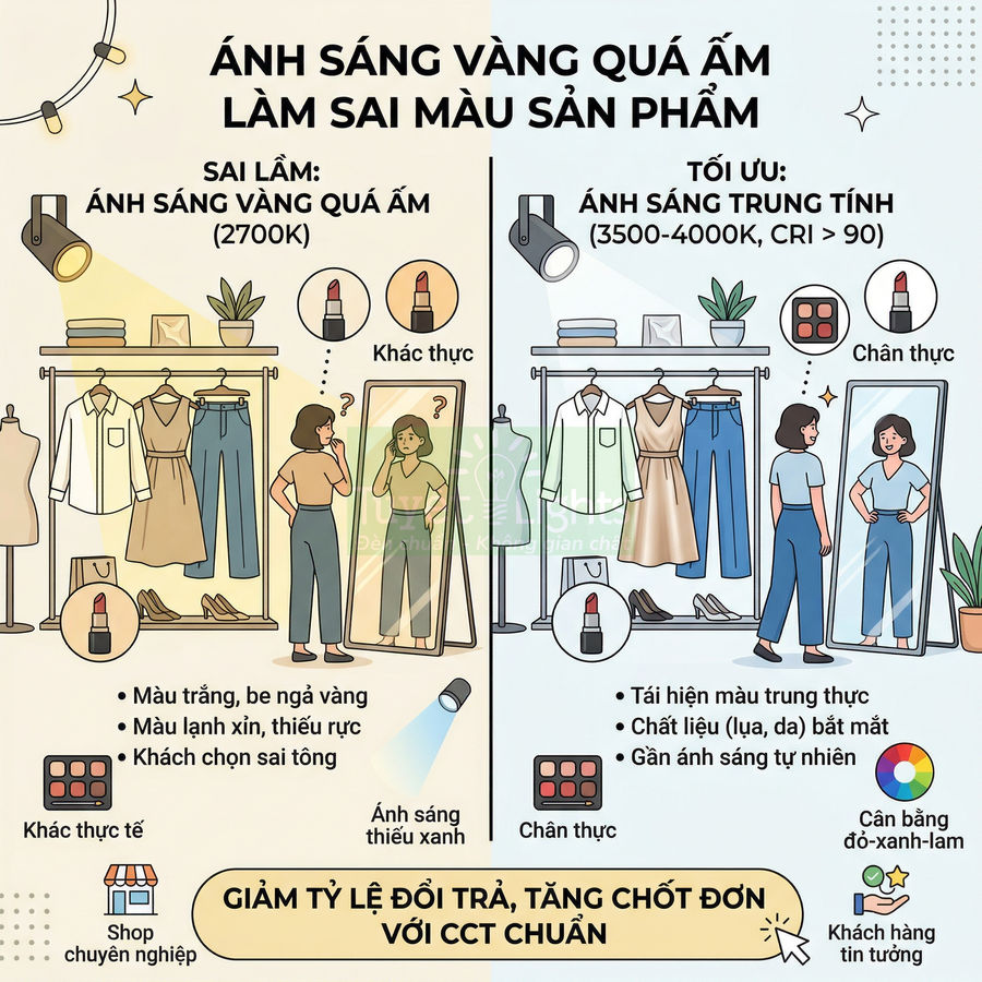 Minh họa so sánh ánh sáng vàng và ánh sáng trung tính khi trưng bày quần áo và mỹ phẩm trong shop thời trang