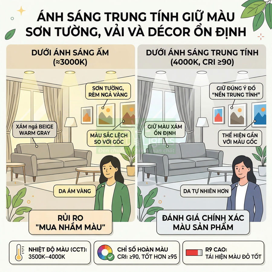 So sánh phòng khách dưới ánh sáng ấm và ánh sáng trung tính để đánh giá chính xác màu sơn tường và nội thất