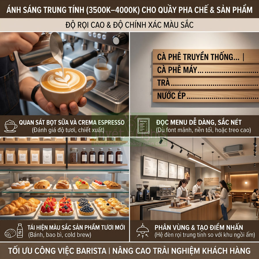 Quầy pha chế cà phê hiện đại với barista rót latte art, tủ bánh ngọt và menu gỗ dưới ánh sáng trung tính
