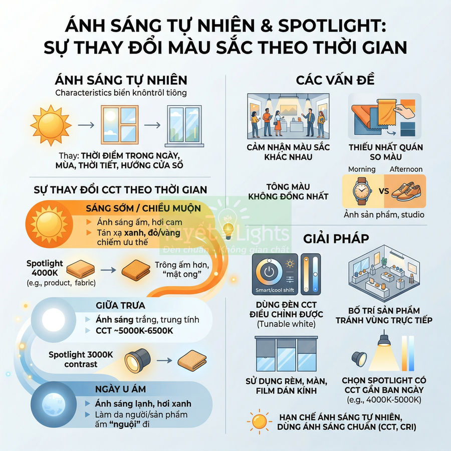 Infographic so sánh ánh sáng tự nhiên và đèn spotlight, ảnh hưởng màu sắc sản phẩm và giải pháp chiếu sáng chuẩn