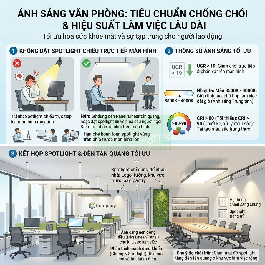 Infographic hướng dẫn bố trí đèn spotlight và đèn tán quang tối ưu chống chói cho văn phòng làm việc