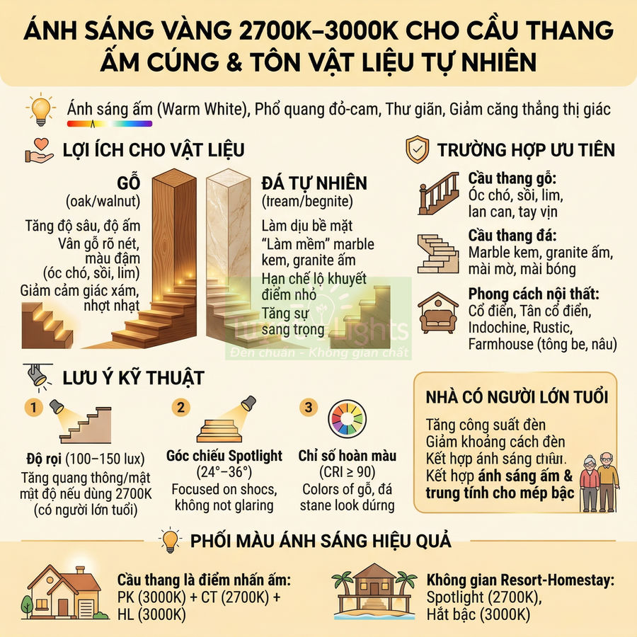 Infographic hướng dẫn chọn ánh sáng vàng 2700K 3000K cho cầu thang gỗ và đá tự nhiên, nêu lợi ích và lưu ý kỹ thuật