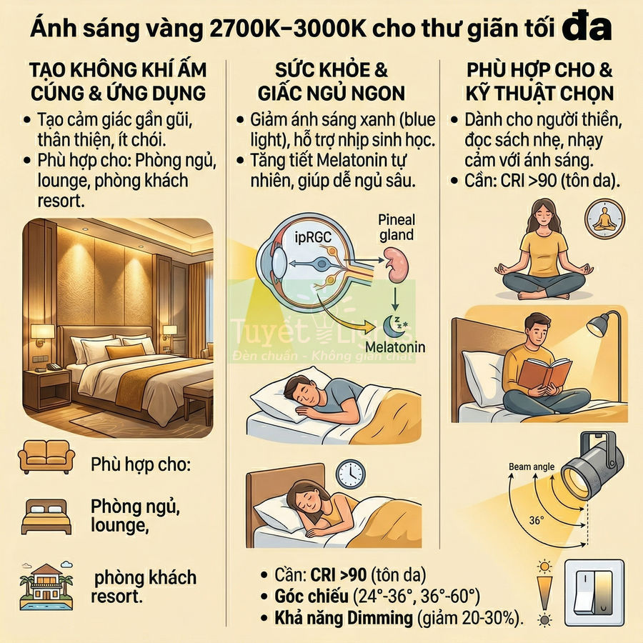 Infographic giới thiệu đèn LED ánh sáng vàng 2700K 3000K giúp thư giãn, ngủ ngon và phù hợp phòng ngủ, lounge, resort