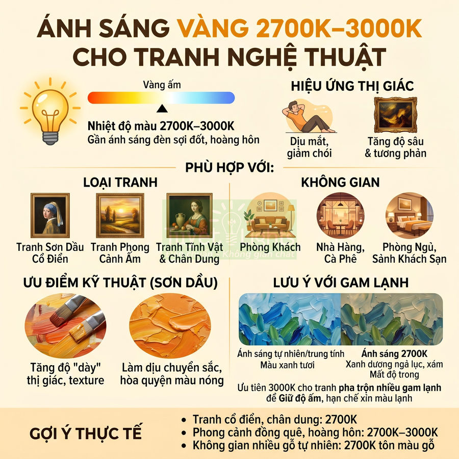 Hướng dẫn chọn ánh sáng vàng 2700K 3000K chiếu tranh nghệ thuật sơn dầu và không gian trưng bày