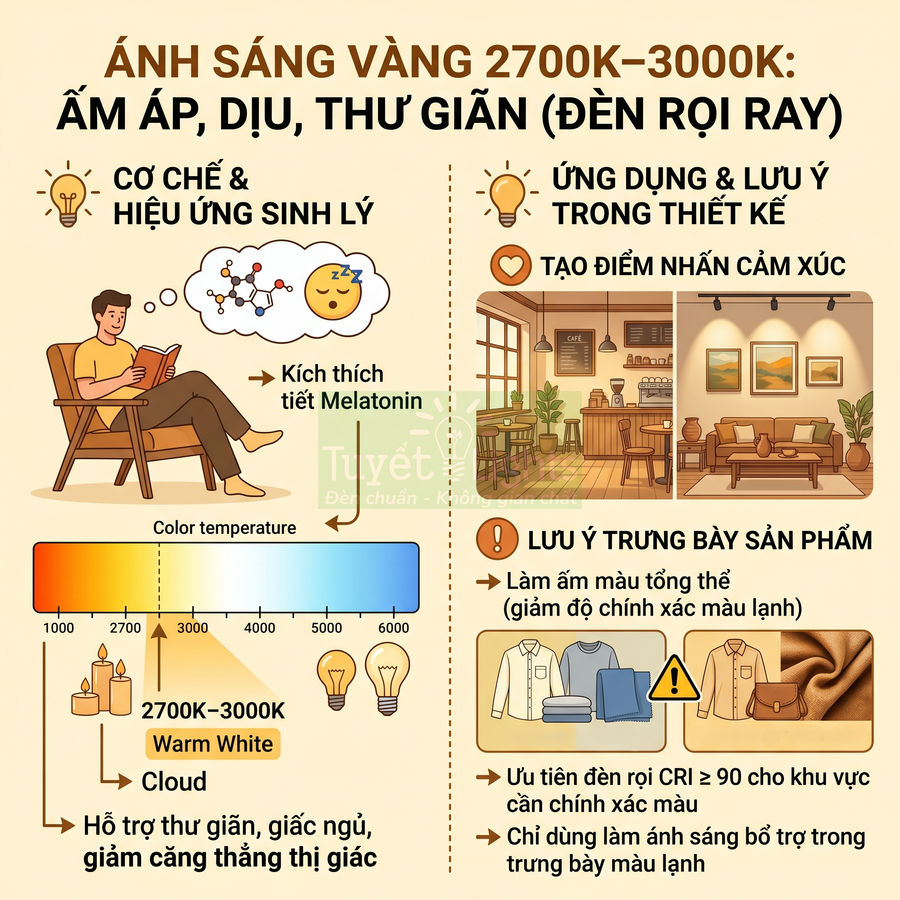 Infographic về ánh sáng vàng 2700K 3000K của đèn rọi ray, lợi ích thư giãn và lưu ý trưng bày sản phẩm