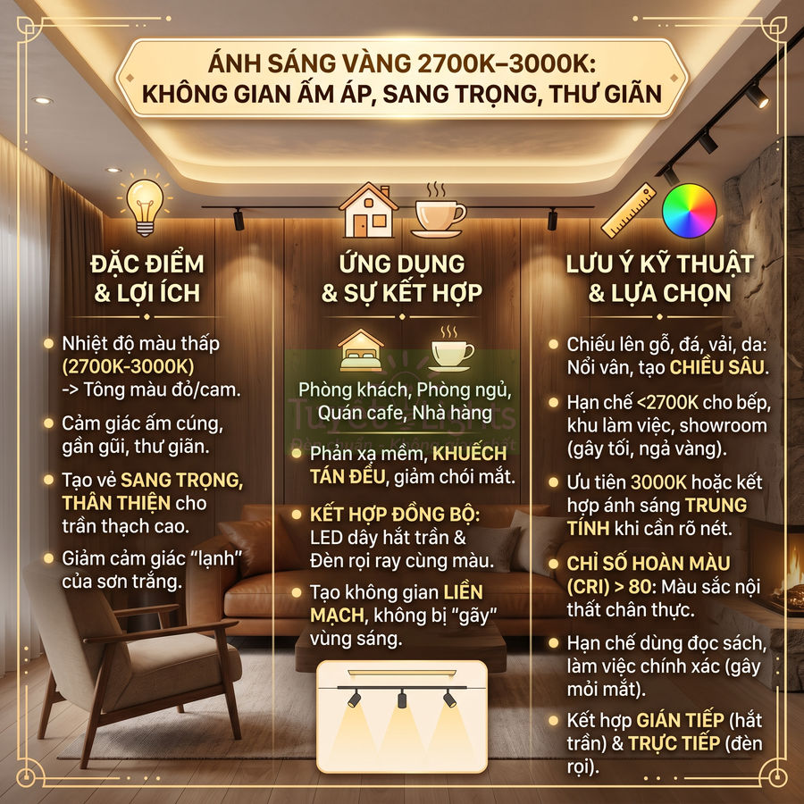 Không gian phòng khách sang trọng với ánh sáng vàng 2700K 3000K, nội thất gỗ và sofa da ấm cúng